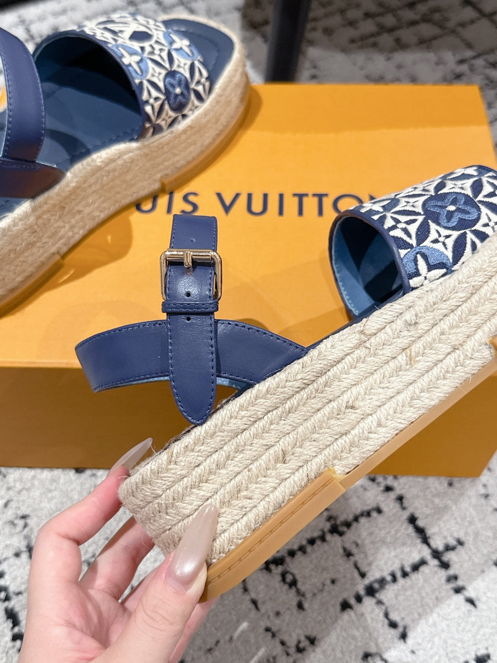LV PLATFORM ESPADRILLE SANDALS 25S IN DARK BLUE FABRIC