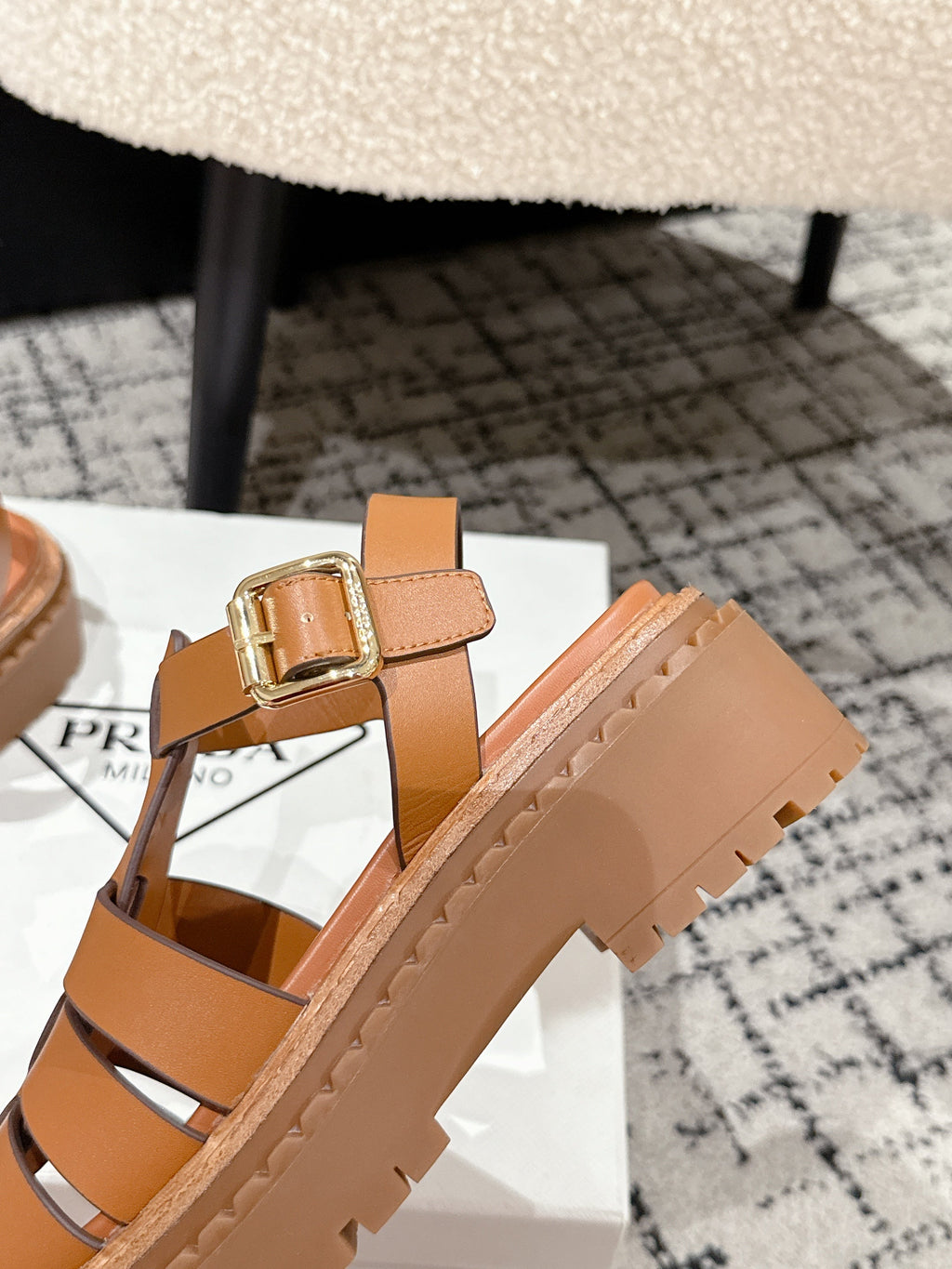 PRADA 25S FISHERMAN OPEN TOE SANDALS IN BURNT ORANGE CALFSKIN