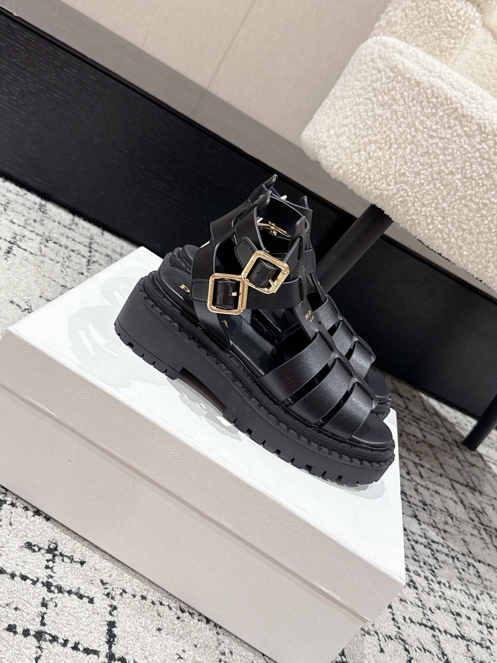 PRADA 25S HIGH TOP OPEN TOE FISHERMAN SANDALS IN BLACK CALFSKIN