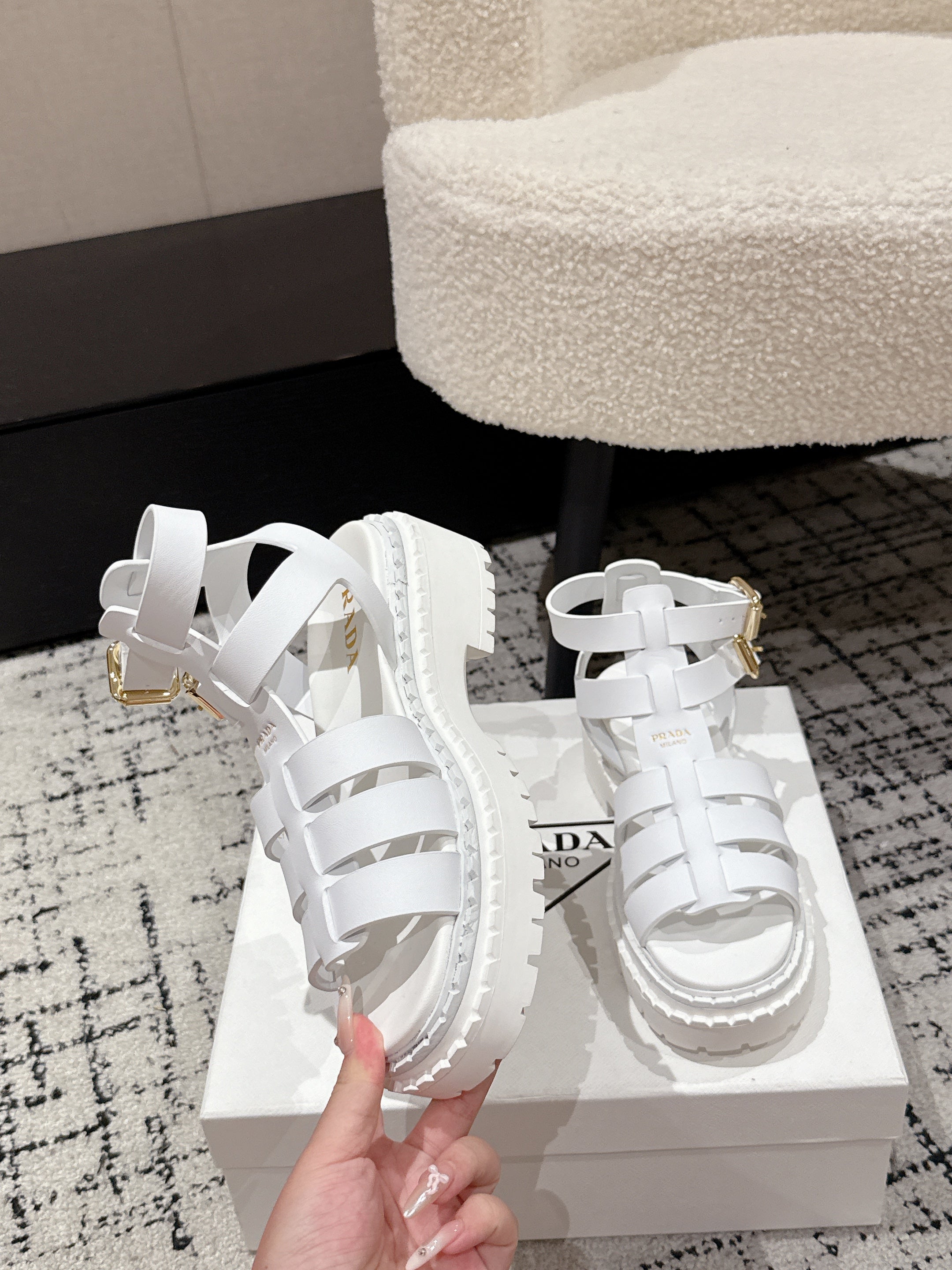 PRADA 25S HIGH TOP OPEN TOE FISHERMAN SANDALS IN WHITE CALFSKIN