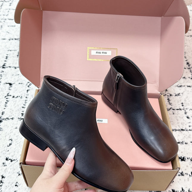 MIUMIU 26S BOOTIES IN DARK BROWN  FUME CALFSKIN