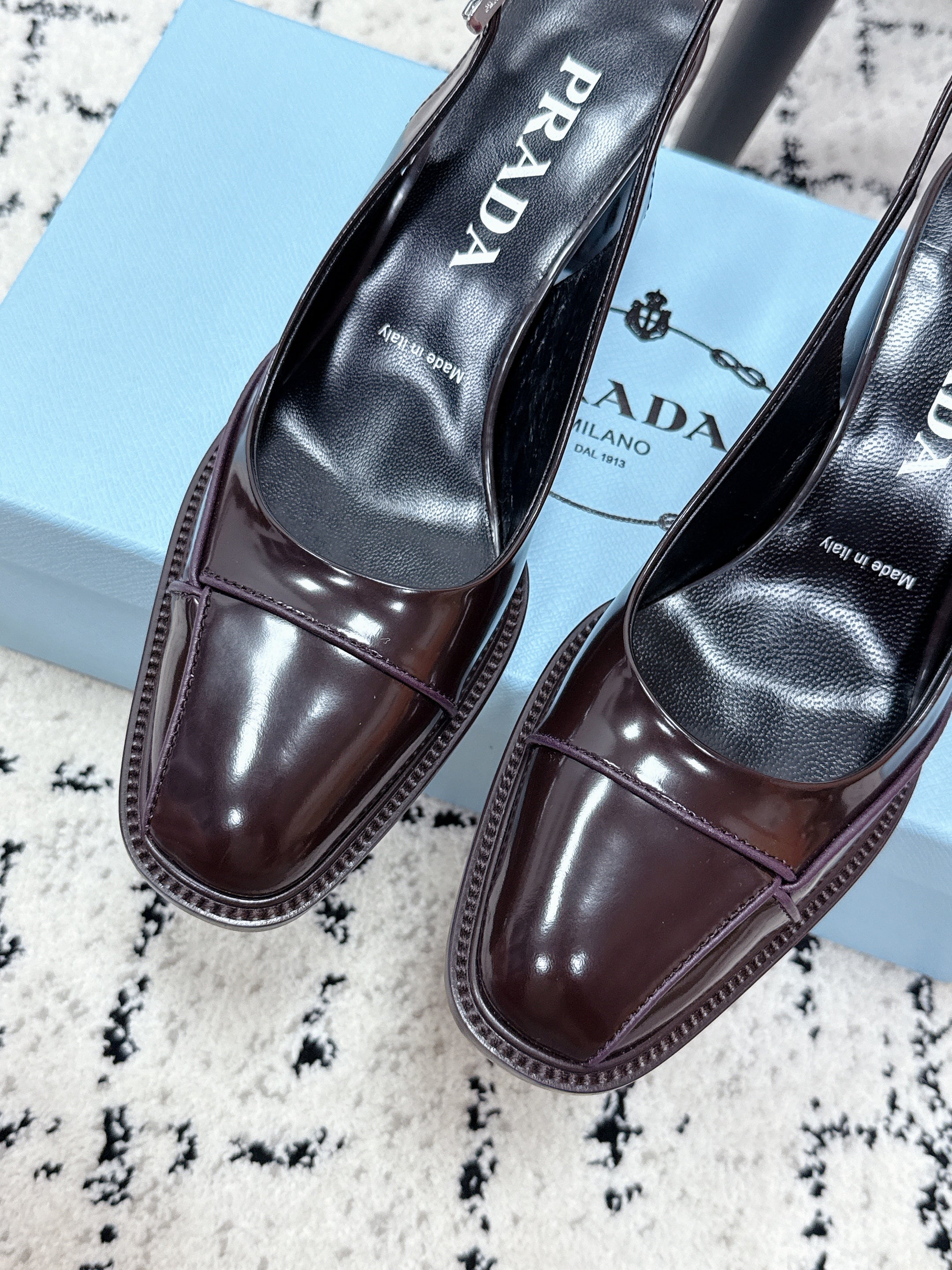 PRADA 26S SLINGBACK PUMPS 70MM IN DARK BROWN PATENT CALFSKIN