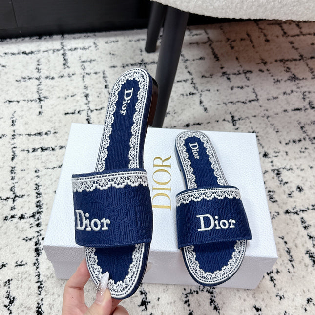 DIOR 26S SLIDES IN NAVY BLUE EMBOSSED OBLIQUE LACE EMBROIDERY