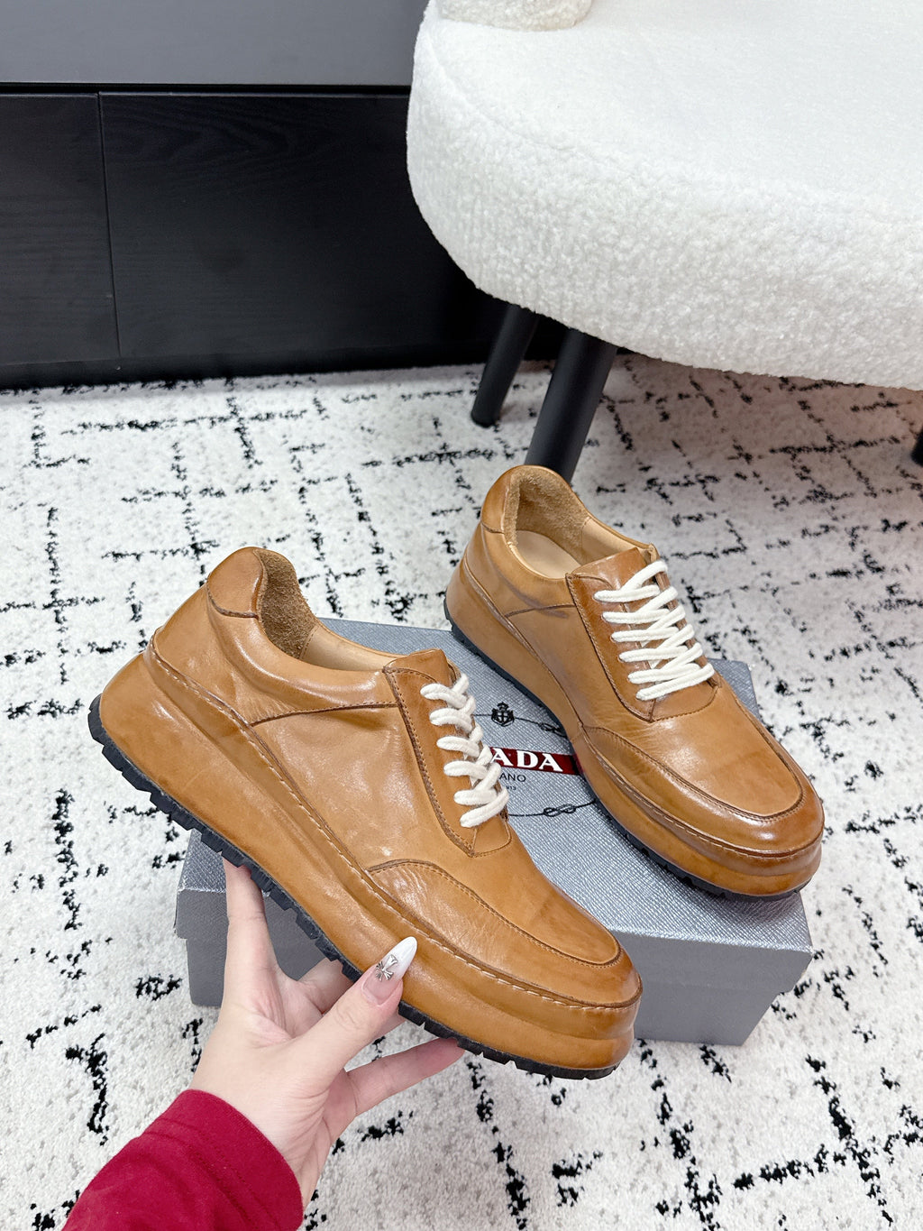 PRADA 26S SNEAKERS IN GOLDEN BROWN SHINY CALFSKIN