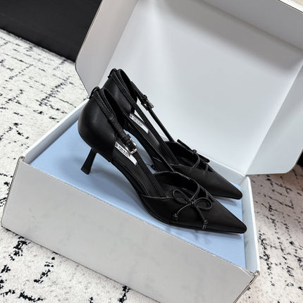PRADA 26S POINTED-TOE HIGH HEELS 55MM IN BLACK CALFSKIN WITH BOW