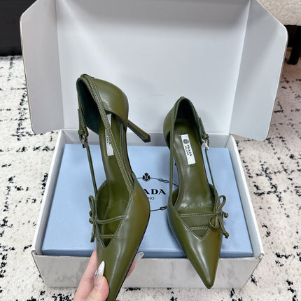 PRADA 26S POINTED-TOE HIGH HEELS 75MM IN DARK OLIVE GREEN CALFSKIN WITH BOW