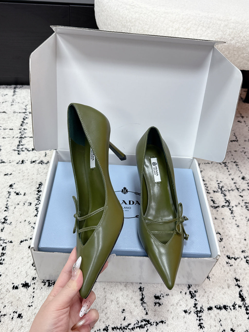 PRADA 26S POINTED-TOE HIGH HEELS 75MM IN DARK OLIVE GREEN CALFSKIN