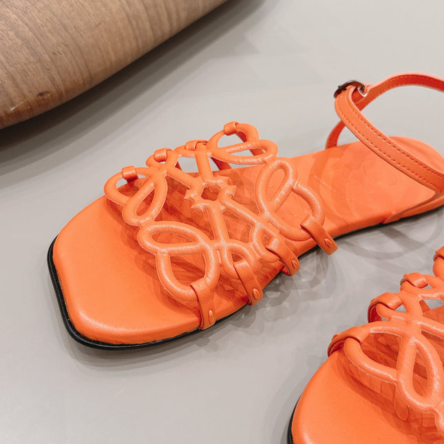 LOEWE 26S SQUARE TOE SANDALS IN ORANGE CALFSKIN LOGO