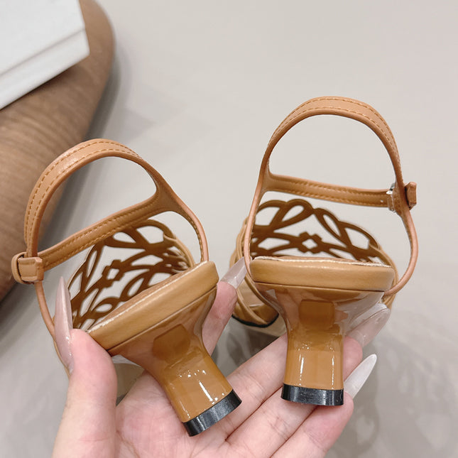LOEWE 26S SQUARE TOE HEEL SANDALS 50MM IN LIGHT BROWN CALFSKIN LOGO