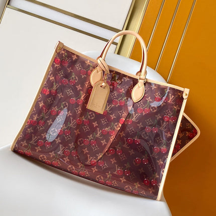 LV 26S ONTHEGO TOTE 41 IN CHERRY RED CLEAR PVC AND CALFSKIN
