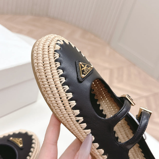 PRADA 26S MARY JANE ESPADRILLES SHOES IN BLACK CALFSKIN WITH LOGO