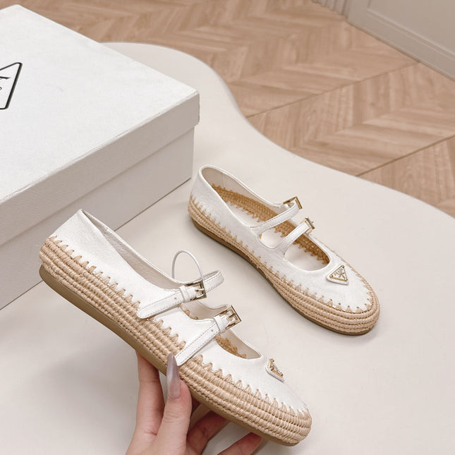 PRADA 26S MARY JANE ESPADRILLES SHOES IN WHITE CALFSKIN WITH LOGO