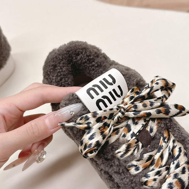 MIUMIU 25S SNEAKERS IN DARK BROWN SHEARLING WITH LEOPARD-PRINT LACES