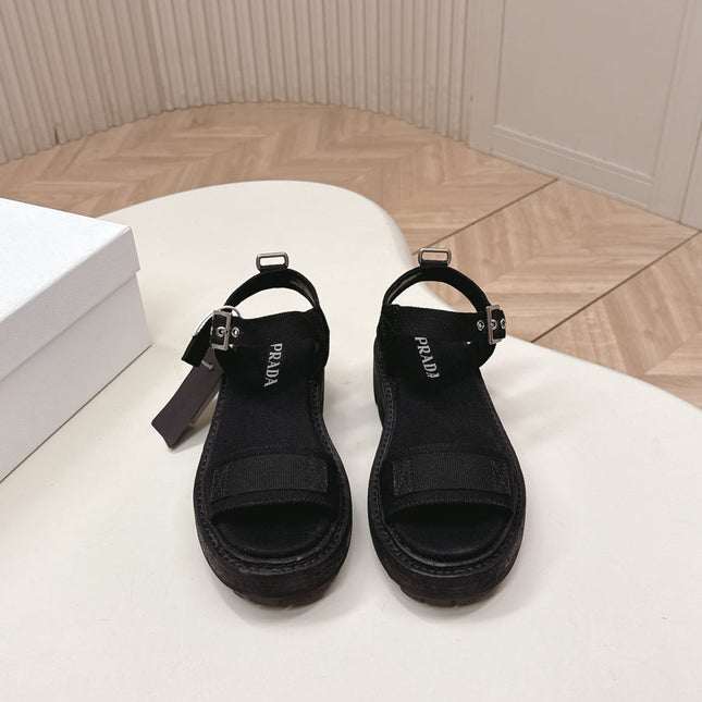PRADA 26S SINGLE STRAP CHUNKY SOLE SANDALS IN BLACK CANVAS