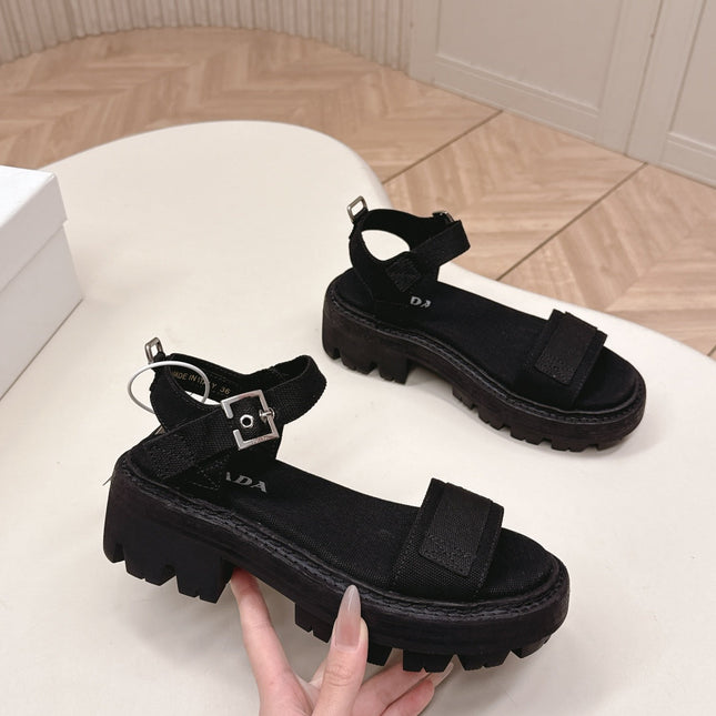 PRADA 26S SINGLE STRAP CHUNKY SOLE SANDALS IN BLACK CANVAS