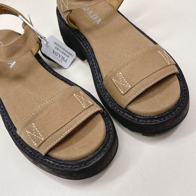 PRADA 26S SINGLE STRAP CHUNKY SOLE SANDALS IN BROWN CANVAS