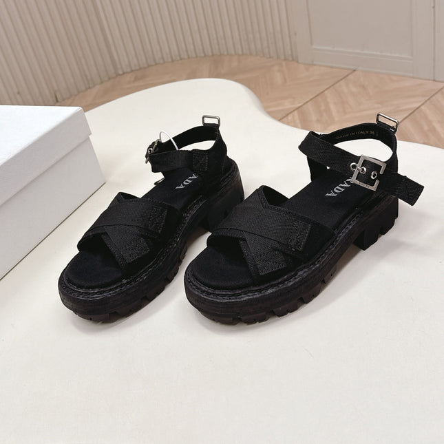 PRADA 26S CROSS STRAP CHUNKY SOLE SANDALS IN BLACK CANVAS