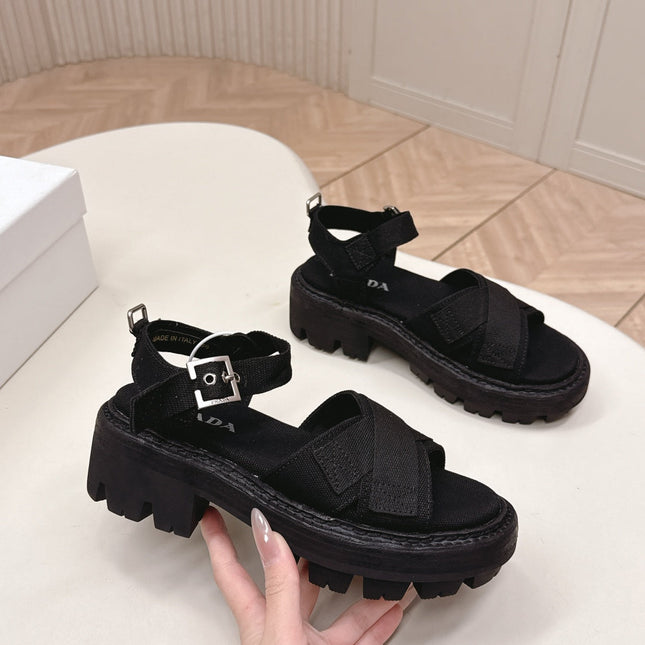 PRADA 26S CROSS STRAP CHUNKY SOLE SANDALS IN BLACK CANVAS