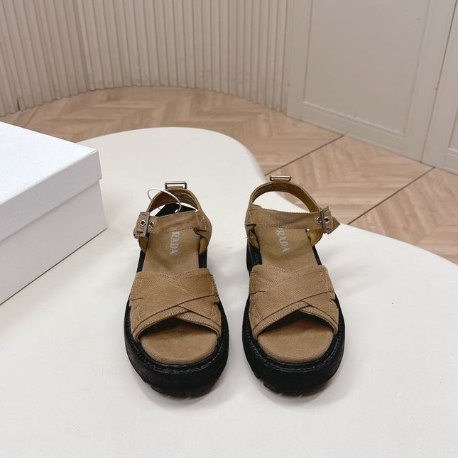 PRADA 26S CROSS STRAP CHUNKY SOLE SANDALS IN BROWN CANVAS