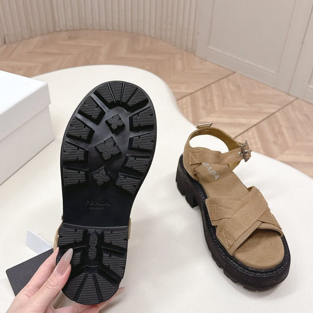 PRADA 26S CROSS STRAP CHUNKY SOLE SANDALS IN BROWN CANVAS