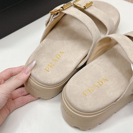 PRADA 26S DOUBLE STRAP PLATFORM SLIDES SANDALS IN BEIGE SUEDE