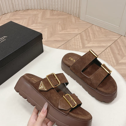 PRADA 26S DOUBLE STRAP PLATFORM SLIDES SANDALS IN BROWN SUEDE