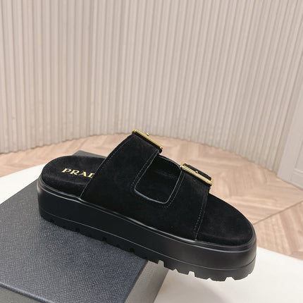 PRADA 26S DOUBLE STRAP PLATFORM SLIDES SANDALS IN BLACK SUEDE
