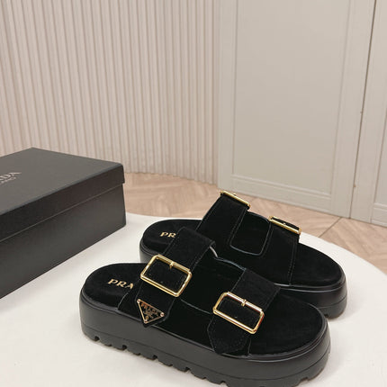PRADA 26S DOUBLE STRAP PLATFORM SLIDES SANDALS IN BLACK SUEDE