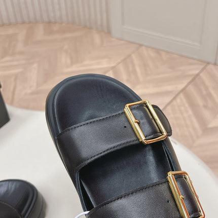 PRADA 26S DOUBLE STRAP PLATFORM SLIDES SANDALS IN BLACK CALFSKIN