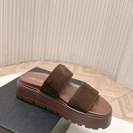 PRADA 26S DOUBLE STRAP PLATFORM SLIDES IN BROWN CALFSKIN WITH VELCRO
