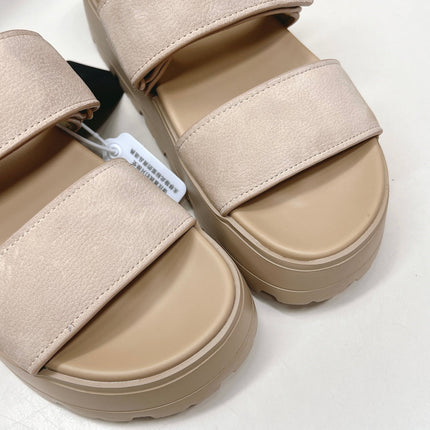 PRADA 26S DOUBLE STRAP PLATFORM SLIDES IN BEIGE CALFSKIN WITH VELCRO