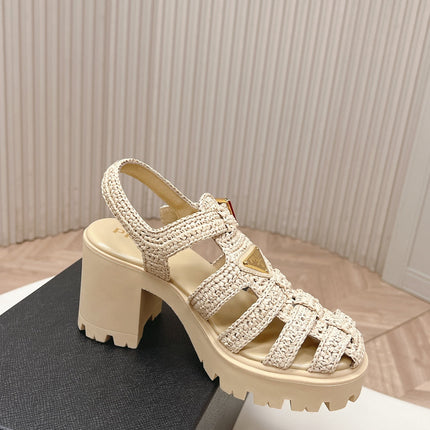 PRADA 26S HEELED FISHERMAN SANDALS IN BEIGE RAFFIA AND CALFSKIN
