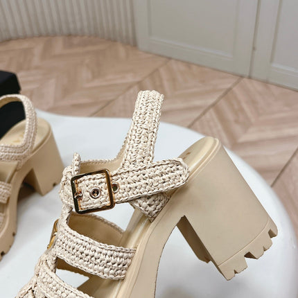 PRADA 26S HEELED FISHERMAN SANDALS IN BEIGE RAFFIA AND CALFSKIN