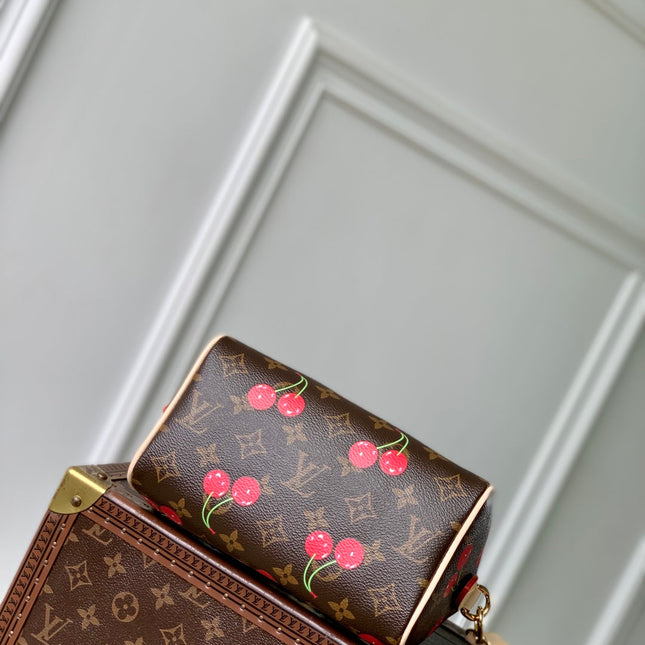 SPEEDY BANDOULIÈRE 20.5 BAG IN BROWN CANVAS CHERRY PRINTED