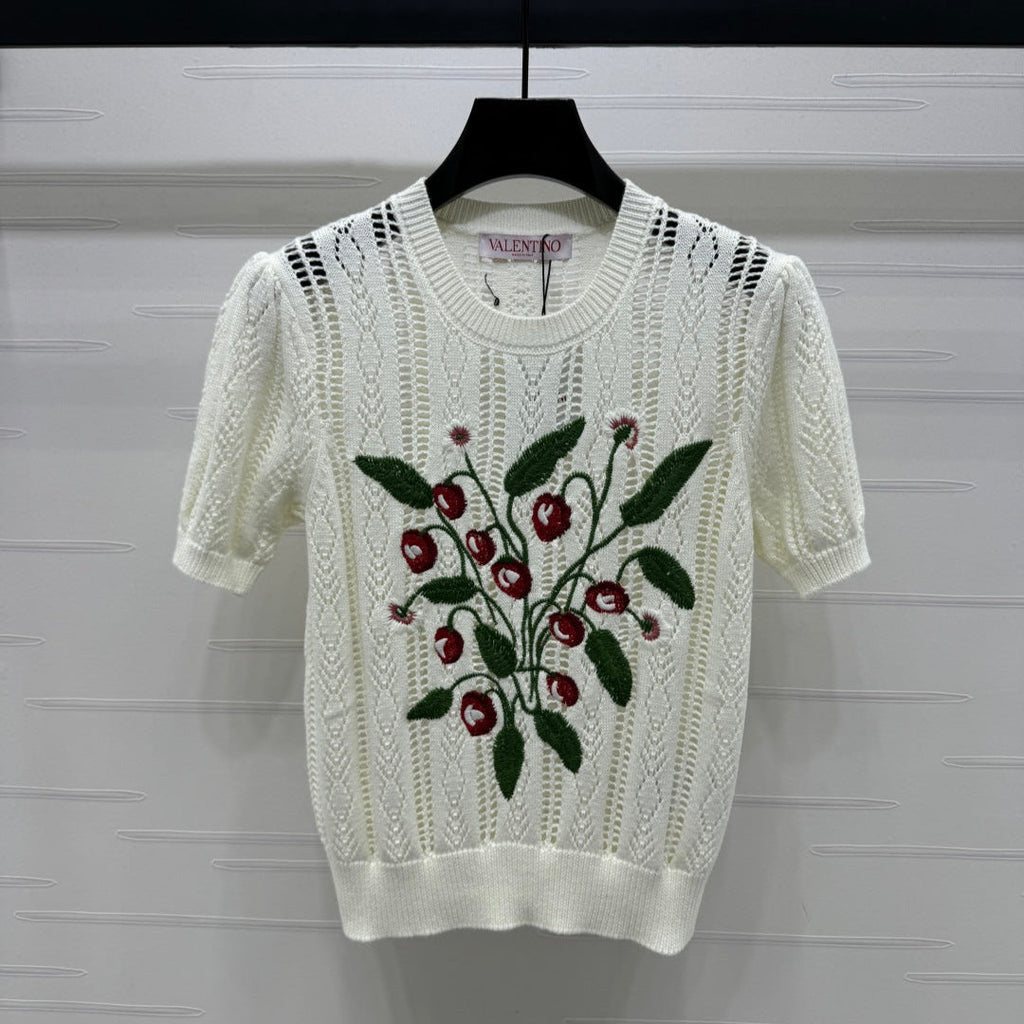VALENTINO CREW NECK SHORT-SLEEVE KNIT TOP 274956