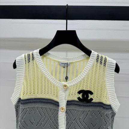 CHANEL EMBROIDERED LOGO OPEN-KNIT VEST 274869