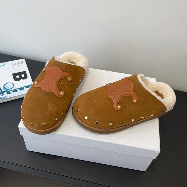 CELINE 26S FUR-LINED MULES IN BROWN SUEDE