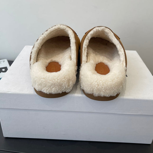 CELINE 26S FUR-LINED MULES IN BROWN SUEDE