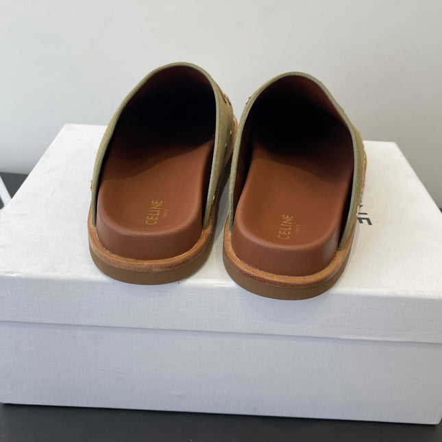 CELINE 26S MULE IN OLIVE GREEN SUEDE