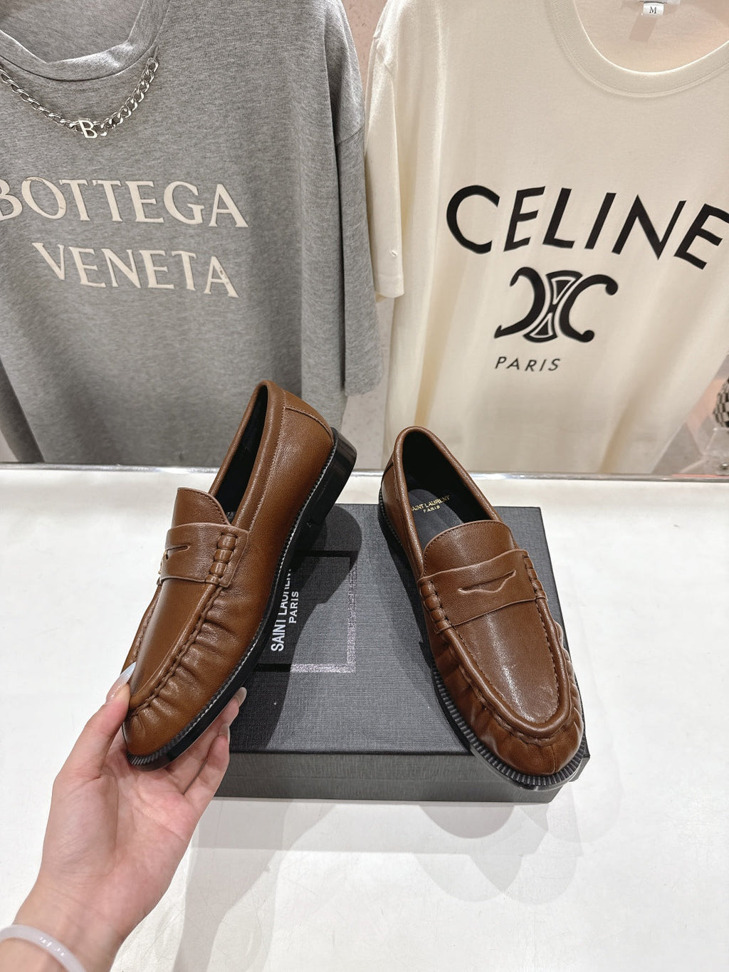 YSL 25S LOAFERS IN COFFEE BROWN LAMBSKIN WITH GOLD HARDWARE