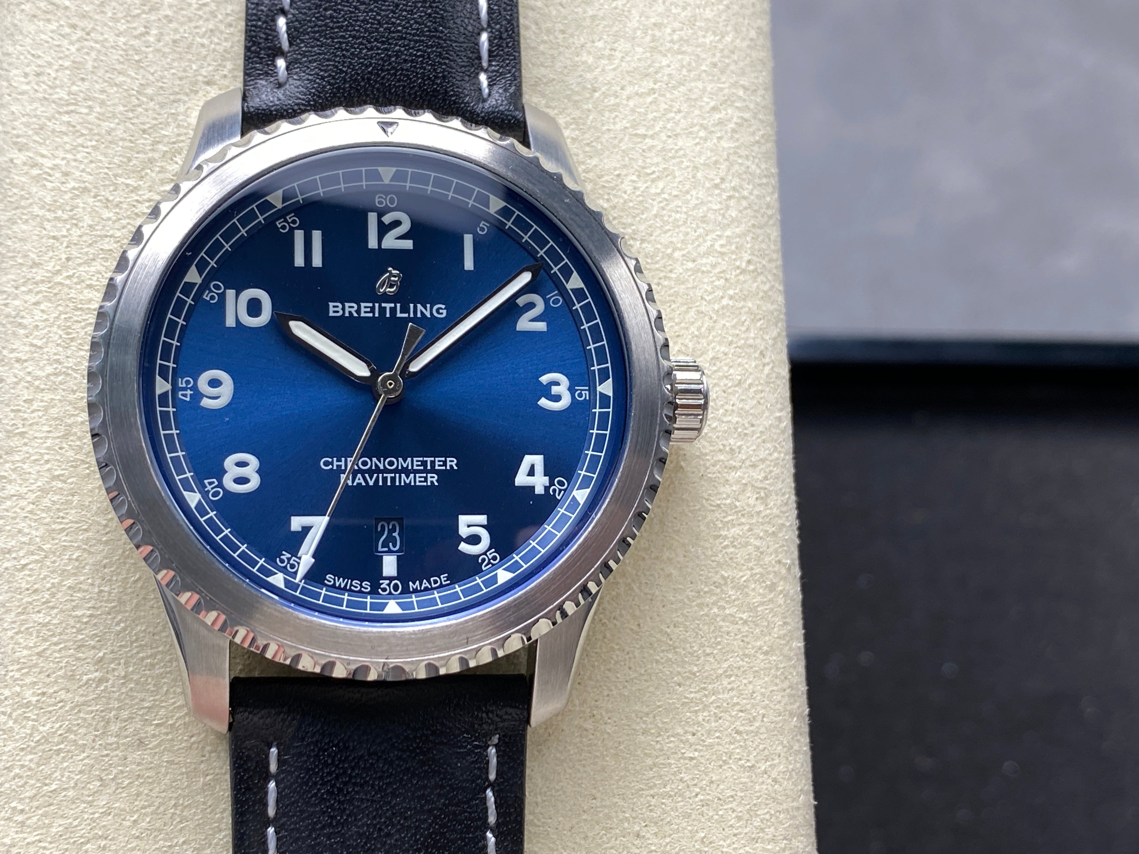 AVIATOR 8 AUTOMATIC STEEL CASE BLUE DIAL BLACK CALFSKIN STRAP