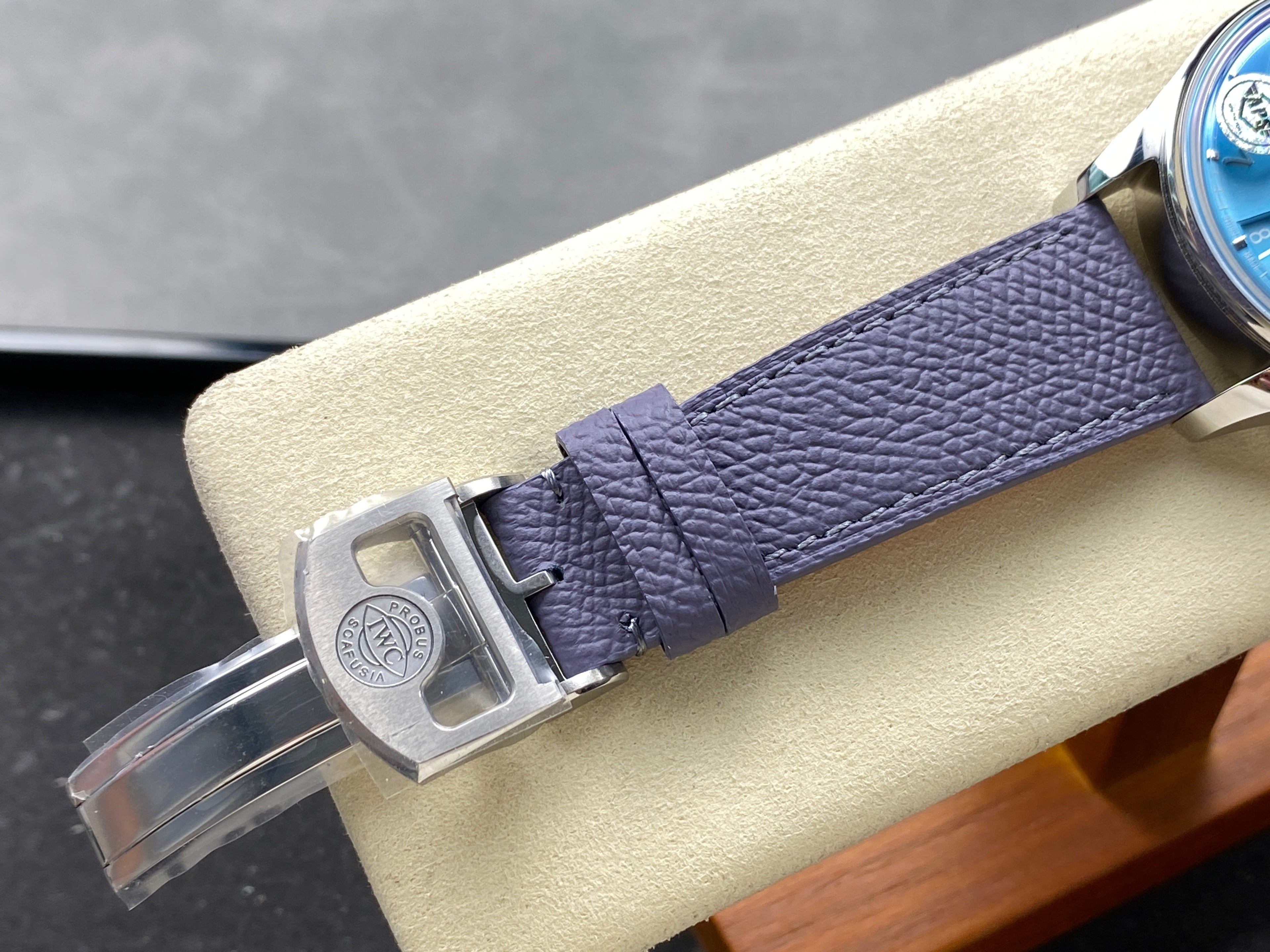 PORTUGIESER AUTOMATIC 42 WATCH SILVER CASE WITH NAVY BLUE LEATHER STRAP AND SAPPHIRE BLUE DIAL
