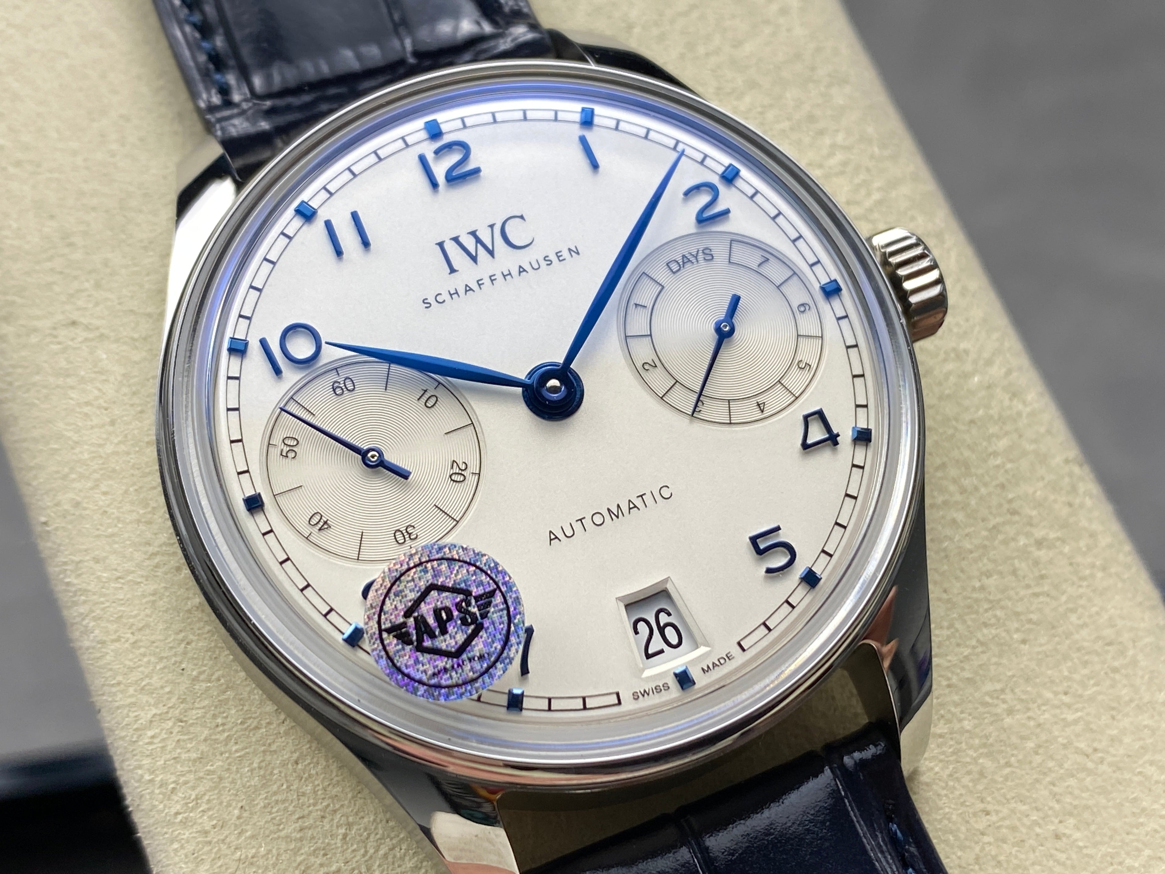 PORTUGIESER AUTOMATIC 42 WATCH SILVER CASE WITH BLACK LEATHER STRAP