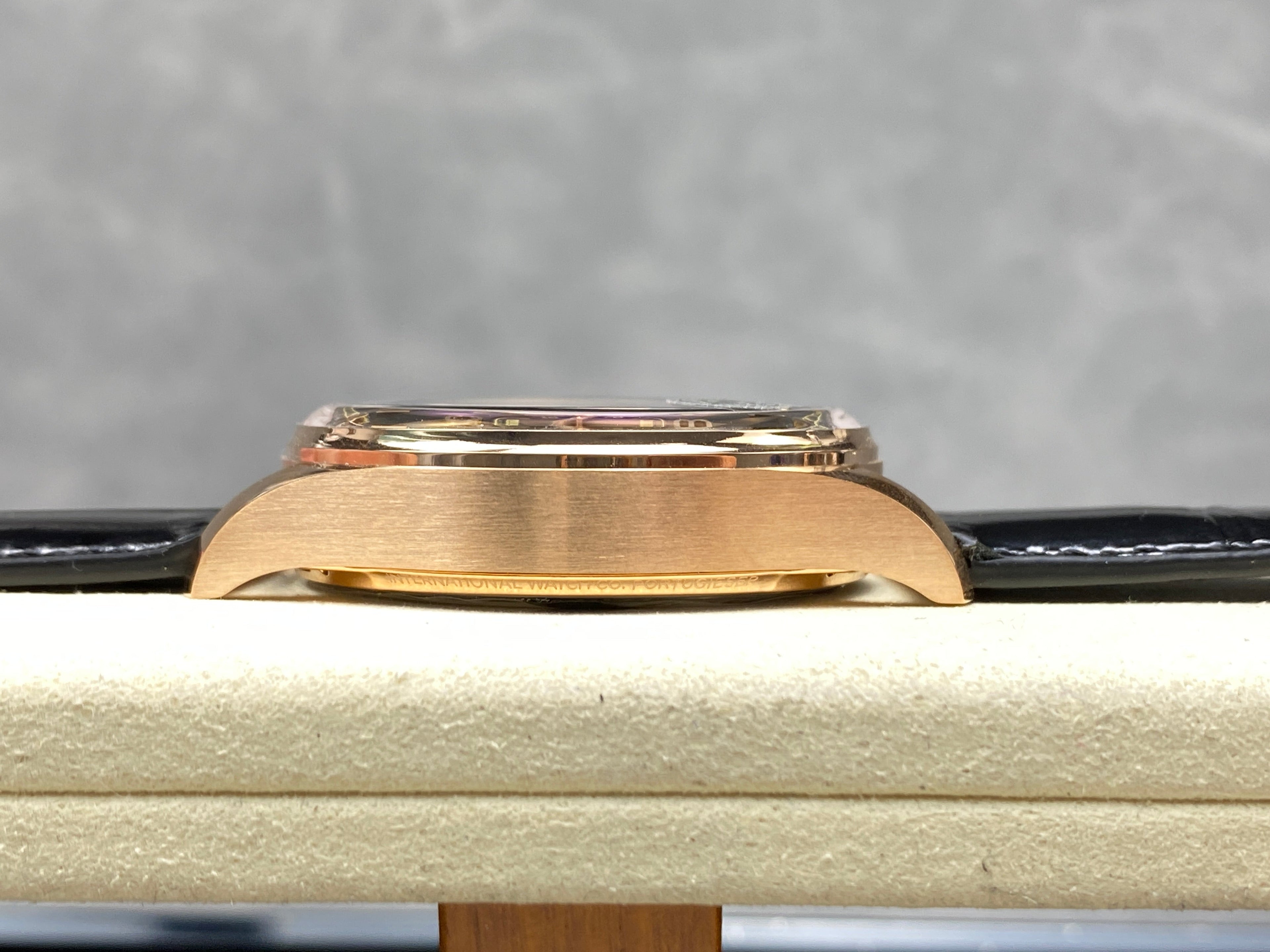 PORTUGIESER AUTOMATIC 42 WATCH ROSE GOLD CASE WITH BLACK DIAL AND LEATHER STRAP