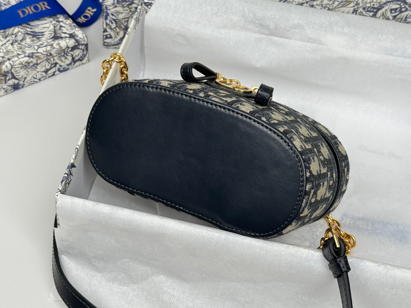 DIOR 25S 30 MONTAIGNE MINI VANITY CASE 16 IN BLUE DIOR OBLIQUE JACQUARD CANVAS