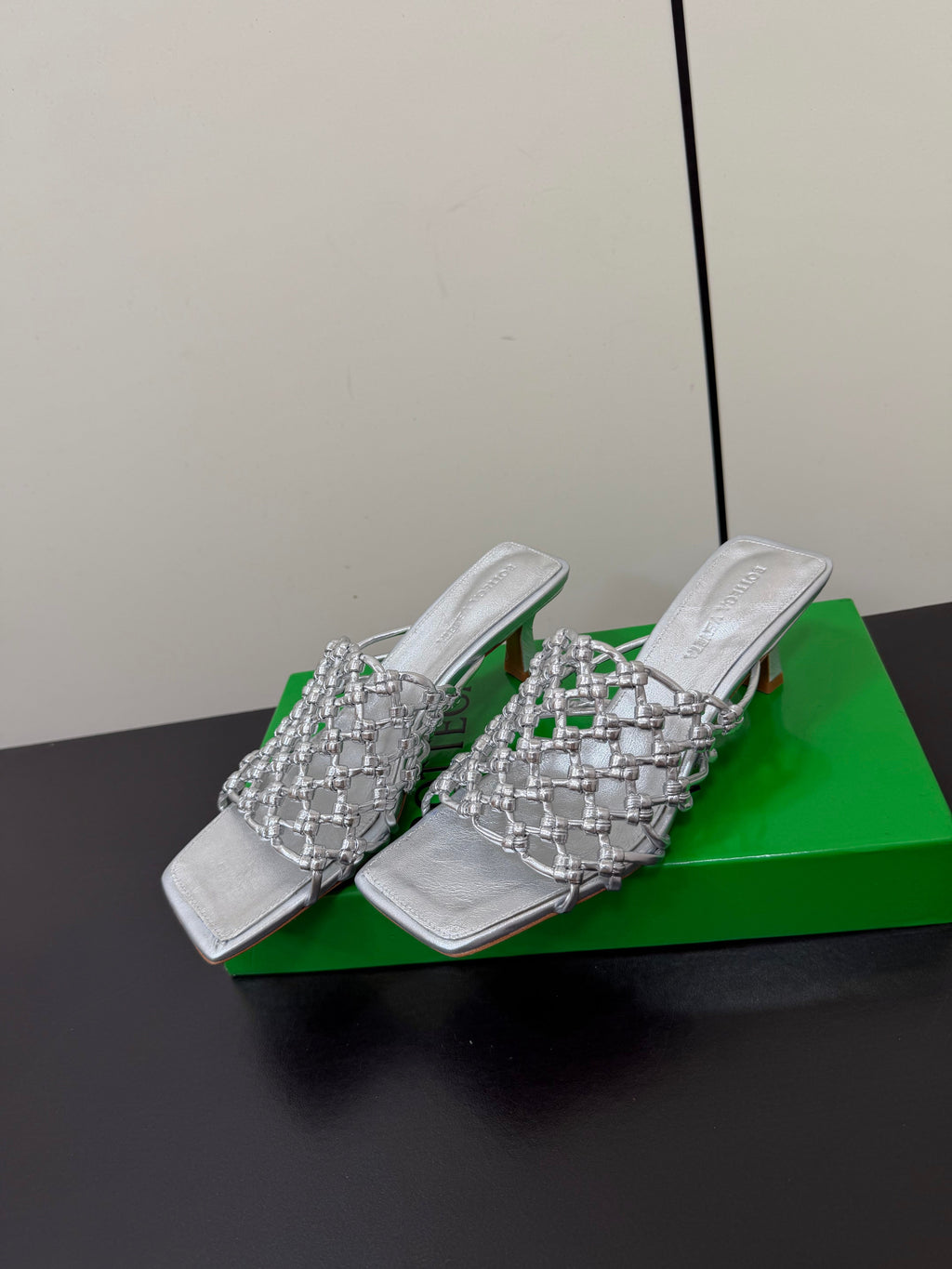 BOTTEGA VENETA 26S WOVEN STRAP HIGH-HEEL SANDALS 55 MM IN SILVER LAMBSKIN
