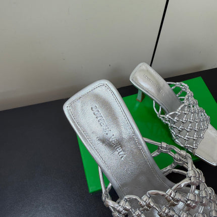 BOTTEGA VENETA 26S WOVEN STRAP HIGH-HEEL SANDALS 85 MM IN SILVER LAMBSKIN