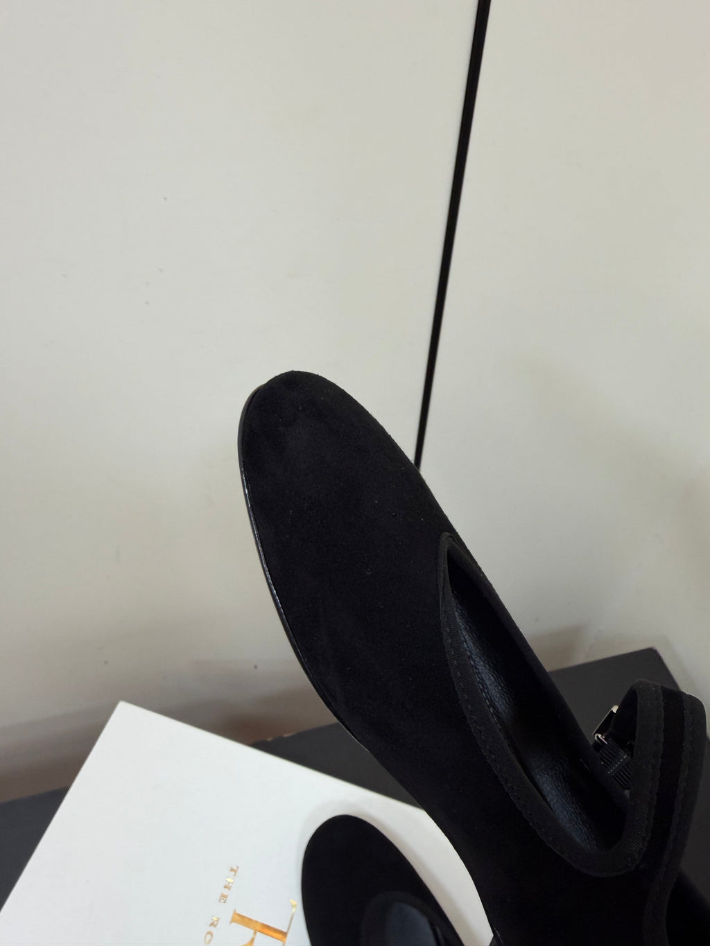 THE ROW 26S MARY JANE BALLET FLATS IN BLACK SUEDE WITH SILVER HARDWARE