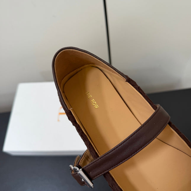 THE ROW 26S MARY JANE BALLET FLATS IN DARK BROWN SUEDE AND CALFSKIN