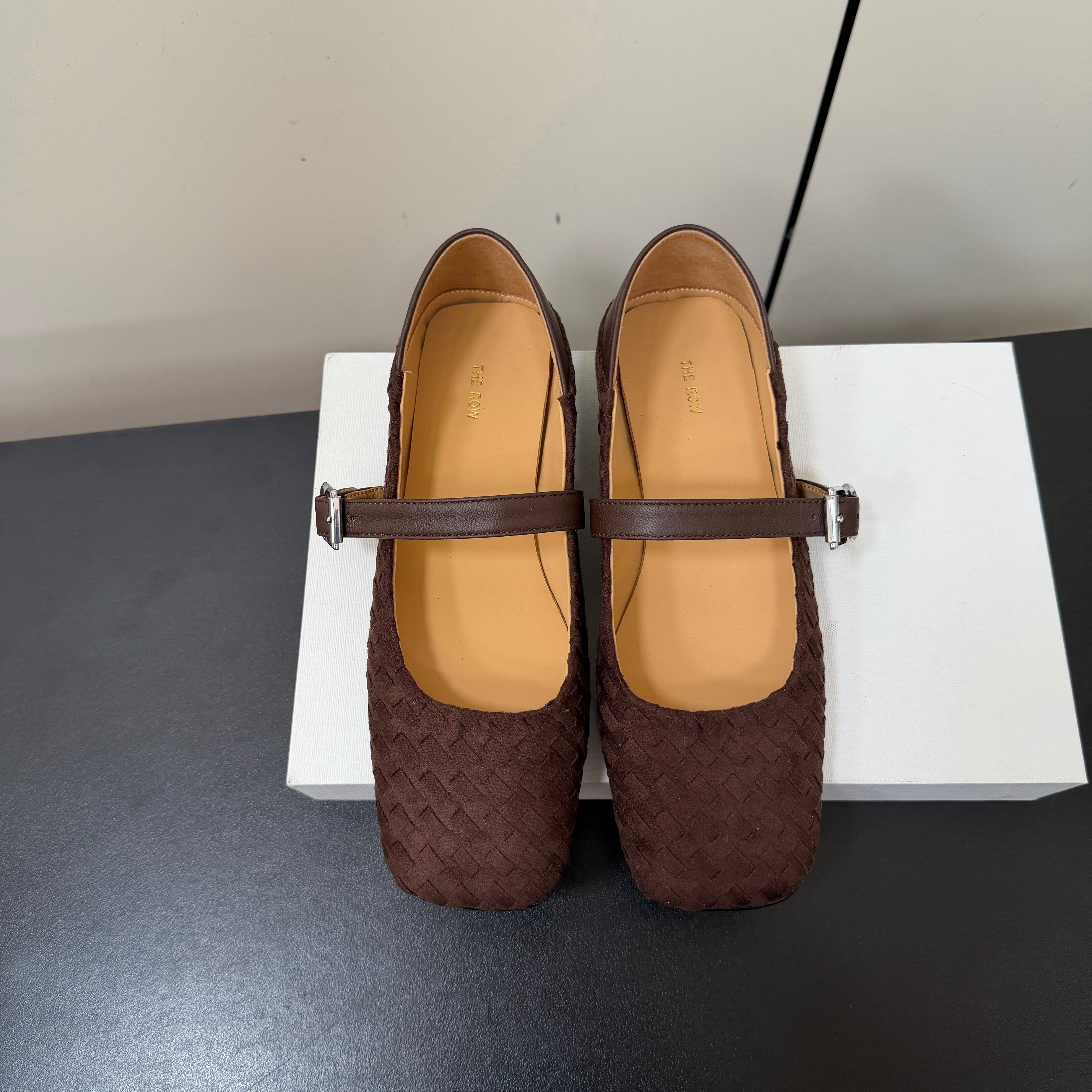 THE ROW 26S MARY JANE BALLET FLATS IN DARK BROWN SUEDE AND CALFSKIN
